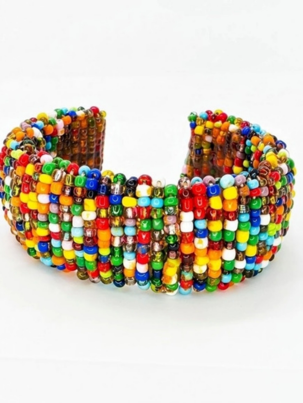 Vintage Multicolor Seed Bead Cuff Bracelet Woven Mosaic Wide Bangle Boho Rainbow